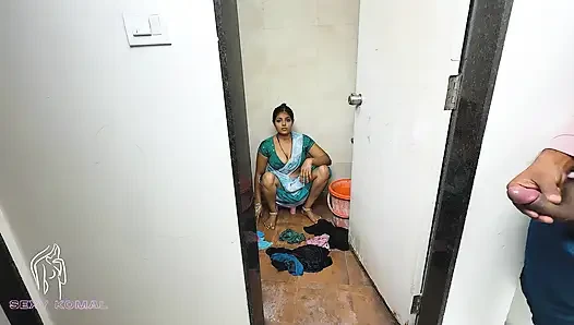Komal was secretly shaking the land at the sight of her breasts doing the bathroom laundry.