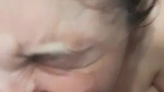 Slut wife sucks cock and takes facial in the bathroom