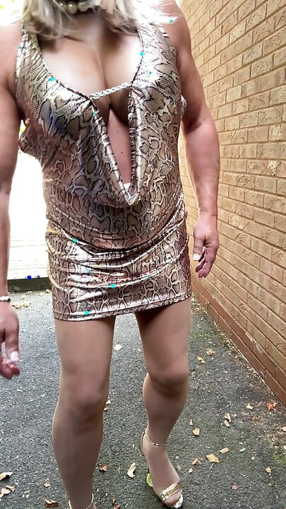 Sexy Crossdresser kellycd2022 in gold leopard print dress tan pantyhose and heels s