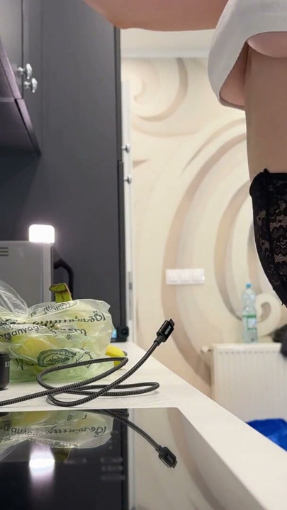 Hot and sexy tight pussy blonde wife in the kitchen shows her sheer shiny black pantyhose and takes off panties | Clip 1