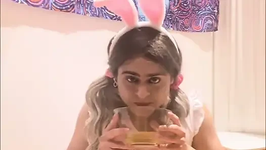 Chastity Sissy: Peeing in Bowl & Swallowing (bunny Outfit)
