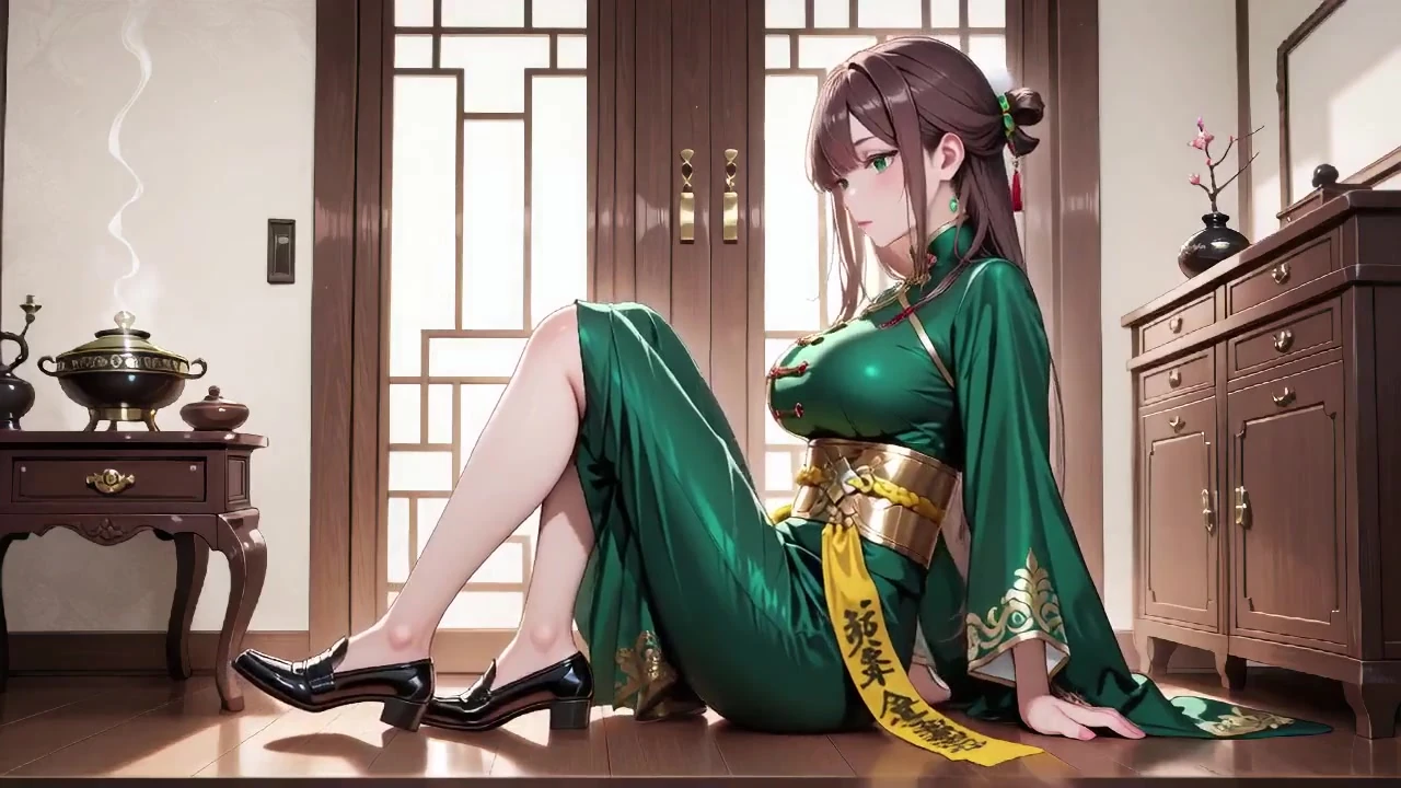 Siyah ve altın qipao bayan ahşap koridorda diz çöküyor, saçıyla oynuyor, güneş ışığı tenini vuruyor