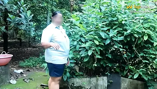 Nudist Planting Trees on Global Nude Gardening Day. Taking Shower Outdoor After Planting Trees.