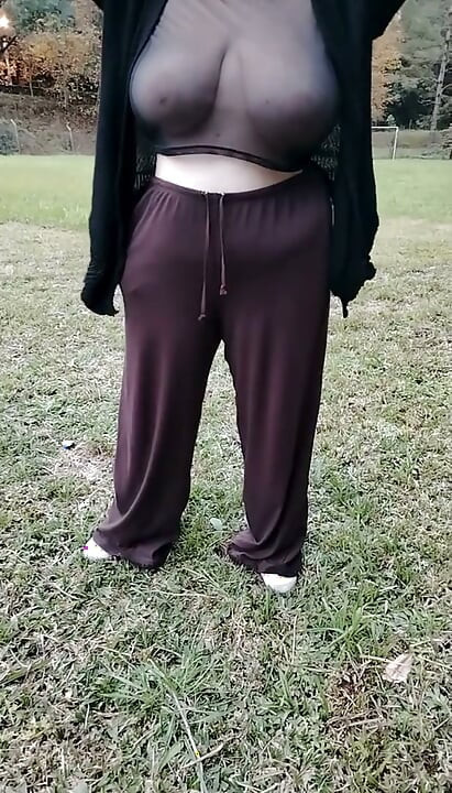 My stepmother walking in a transparent T-shirt.