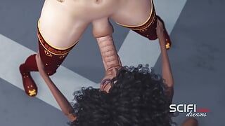 Winda Sci-Fi. Gorąca 3d dick-girl rucha seksowną czarną tranny na stacji kosmicznej