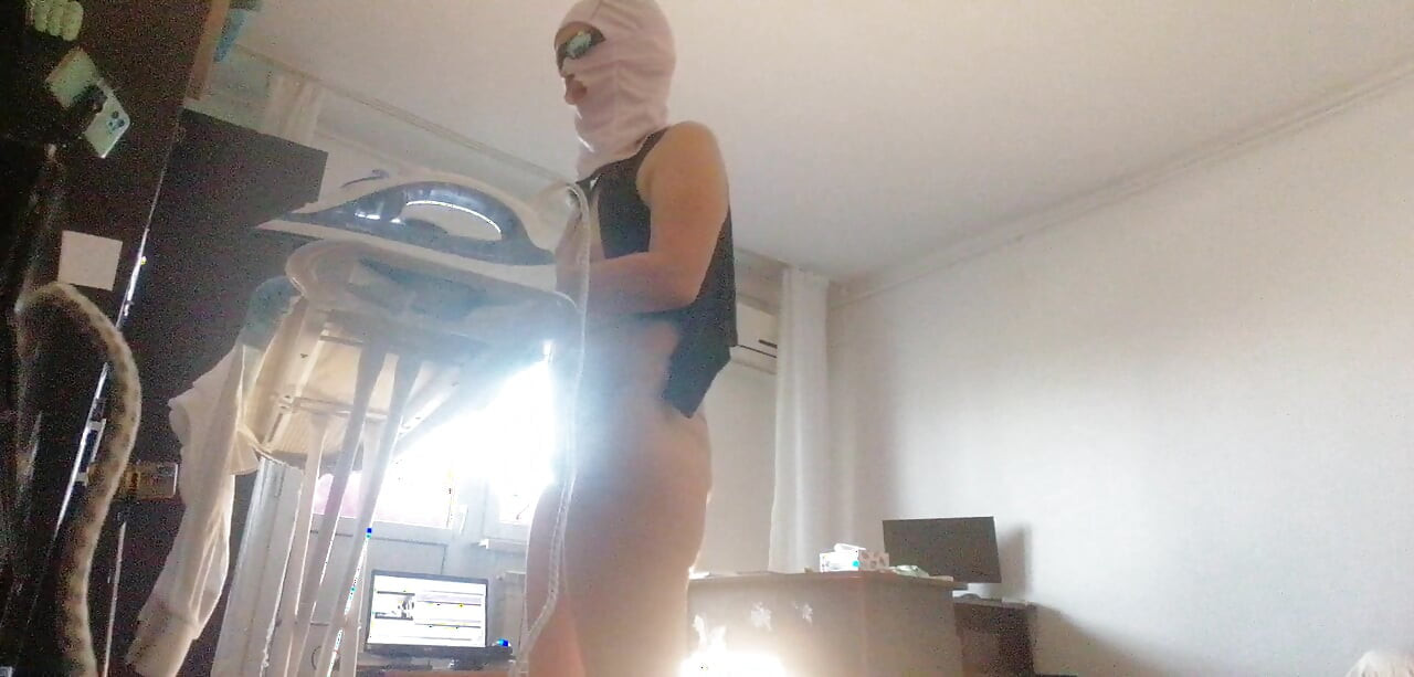 Sexy woman does naked cleaning. Brunette, hairy pussy, big ass, big tits. Sexy mom massages herself with a vibrator