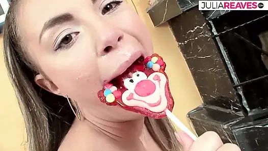 Skinny babe masturbates with a candy then gets fucked by a massive cock