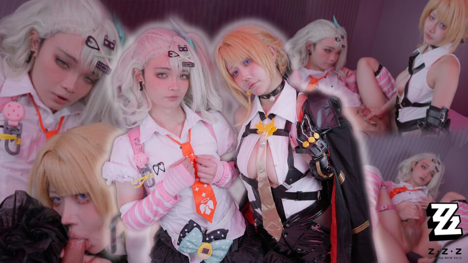 Zenless Zone Zero - Sunna & Evelyn cosplay!! Cute big boobs girl pegging and boobjobbing femboy until cumshot
