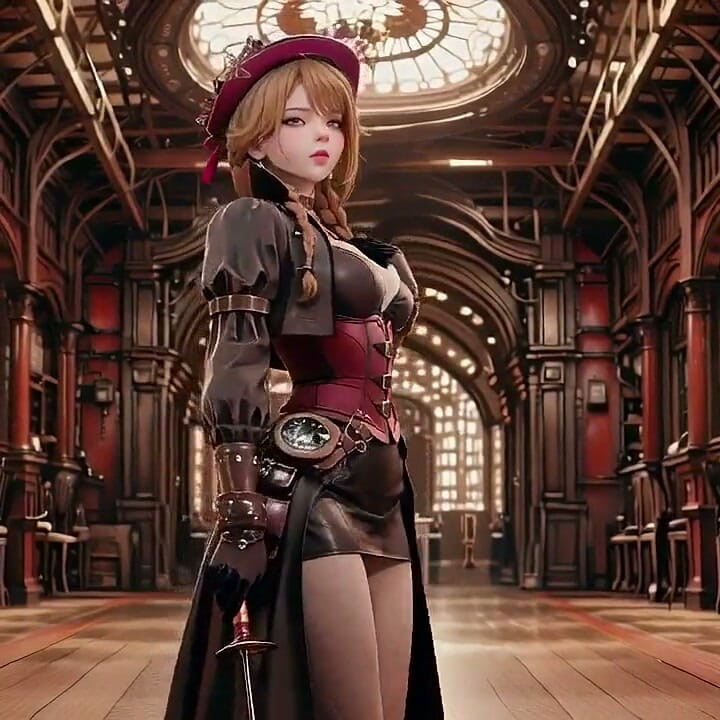 Fată Steampunk cu părul roșcat! Tachinare costum negru pe un fundal alb pur, de la elegant în picioare la o privire în genunchi.
