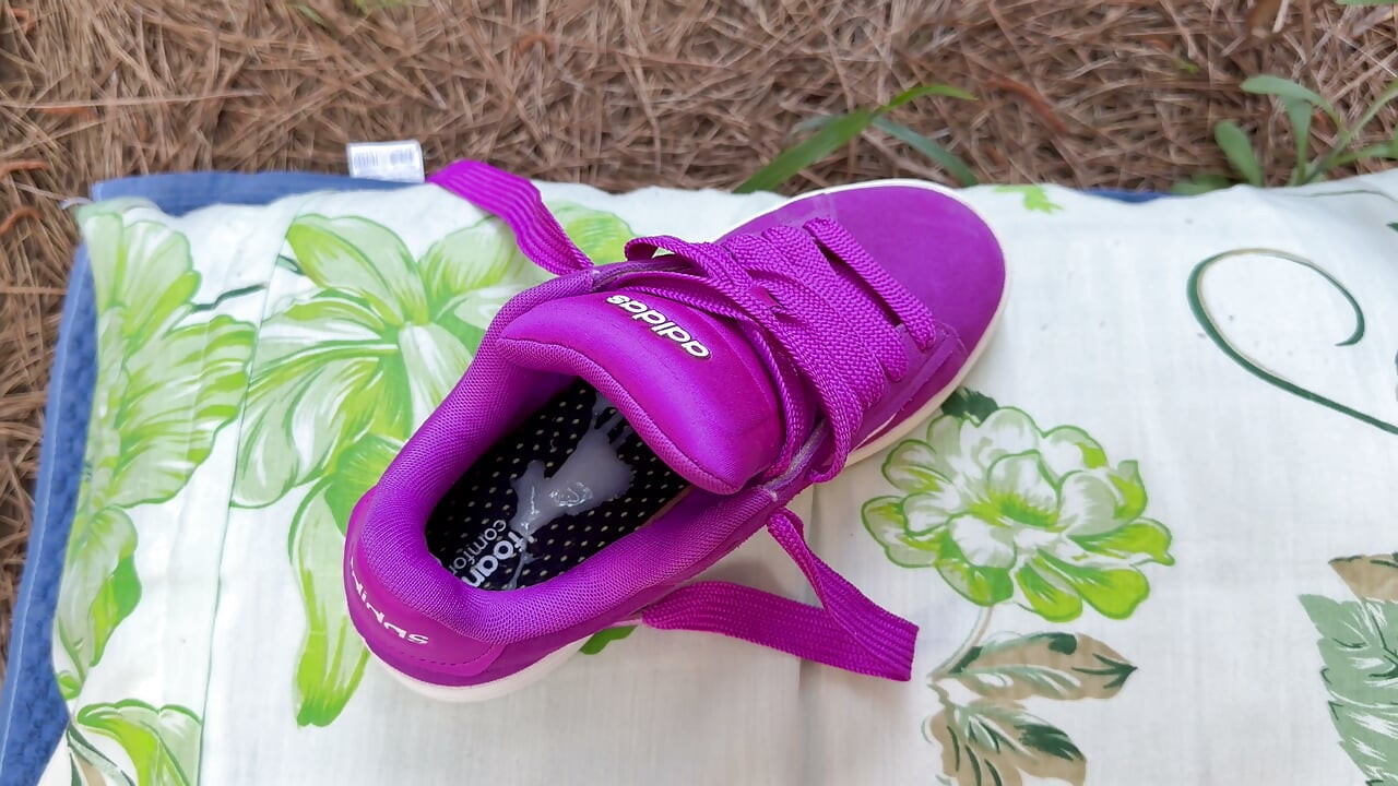 Fucking and cumming outdoors in the park with the wife's new pink Adidas sneaker. First cumshot on him
