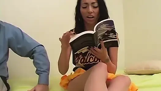 Beautiful brunette cheerleader loves to suck out a big cum load on her knees