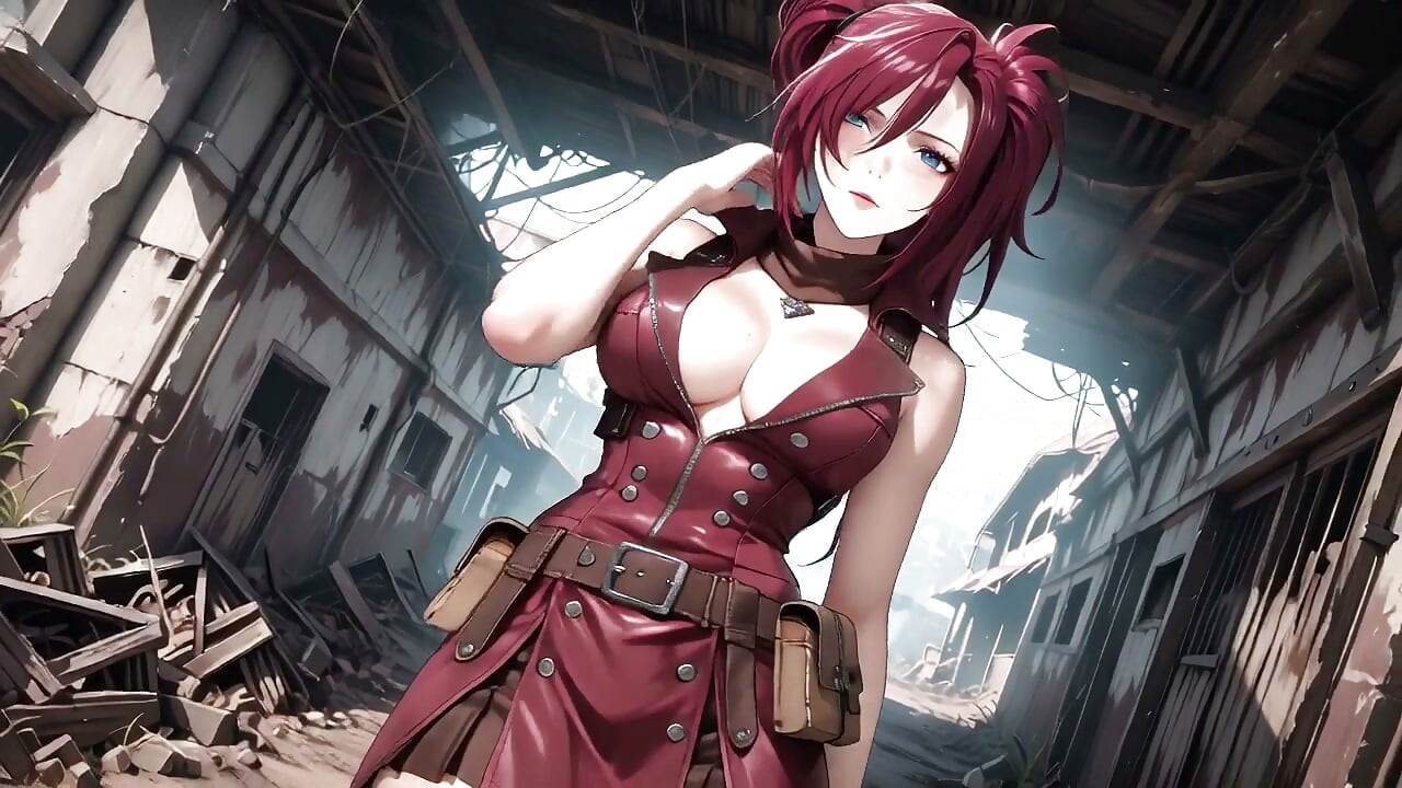 Redhead Warrior in Ruins! Forbidden Encounter in the Industrial Wasteland, her tight combat suit soaked and hazy eyes.