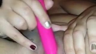 Horny babe fingering her wet pussy with dildo