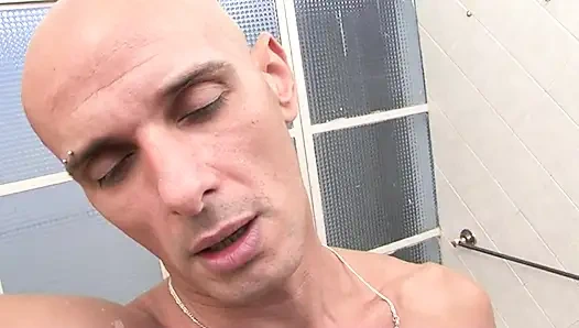 Bathroom action with small tits brunette