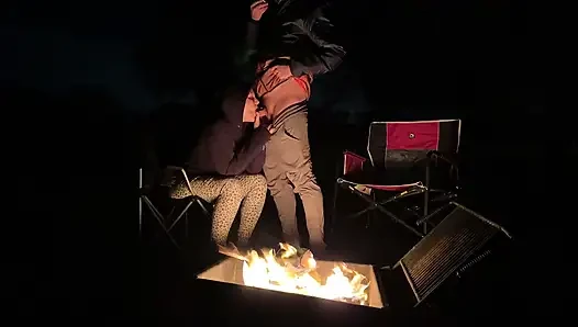 Wife caught masturbating in public restroom, then fucked by the campfire