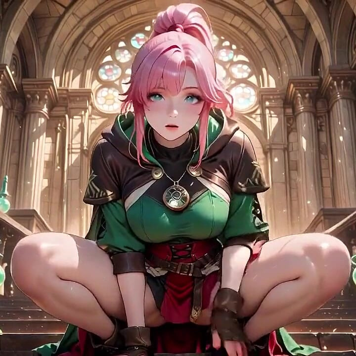 The Pink-haired Mage's Seduction! Kneeling on Soft Sheets in Her Green Bodysuit, She Bites Her Lip with a Gaze