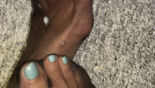 Lila cums on those feet and her beautiful blue nail polish