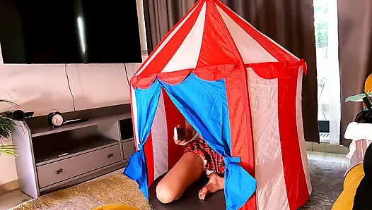 Hot brunette tight pussy petite babe has a circus tent in the middle of the house to play with dicks in it