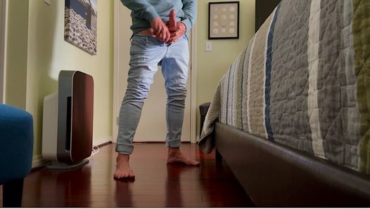 Barefoot in jeans and taking my cock out and showing and playing with it
