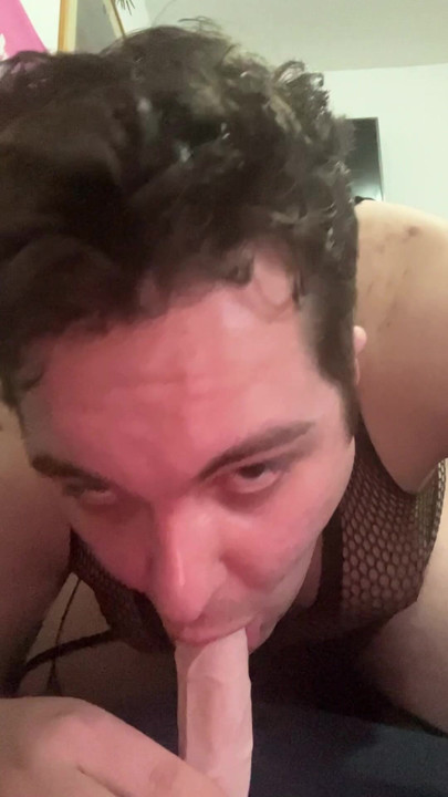 fat faggot showing off and sucking dildo