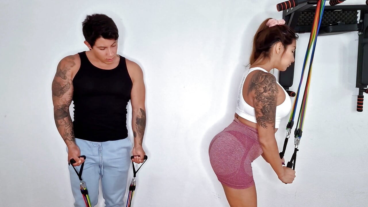 Home workout with stepdaughter ends in a rough sex session!