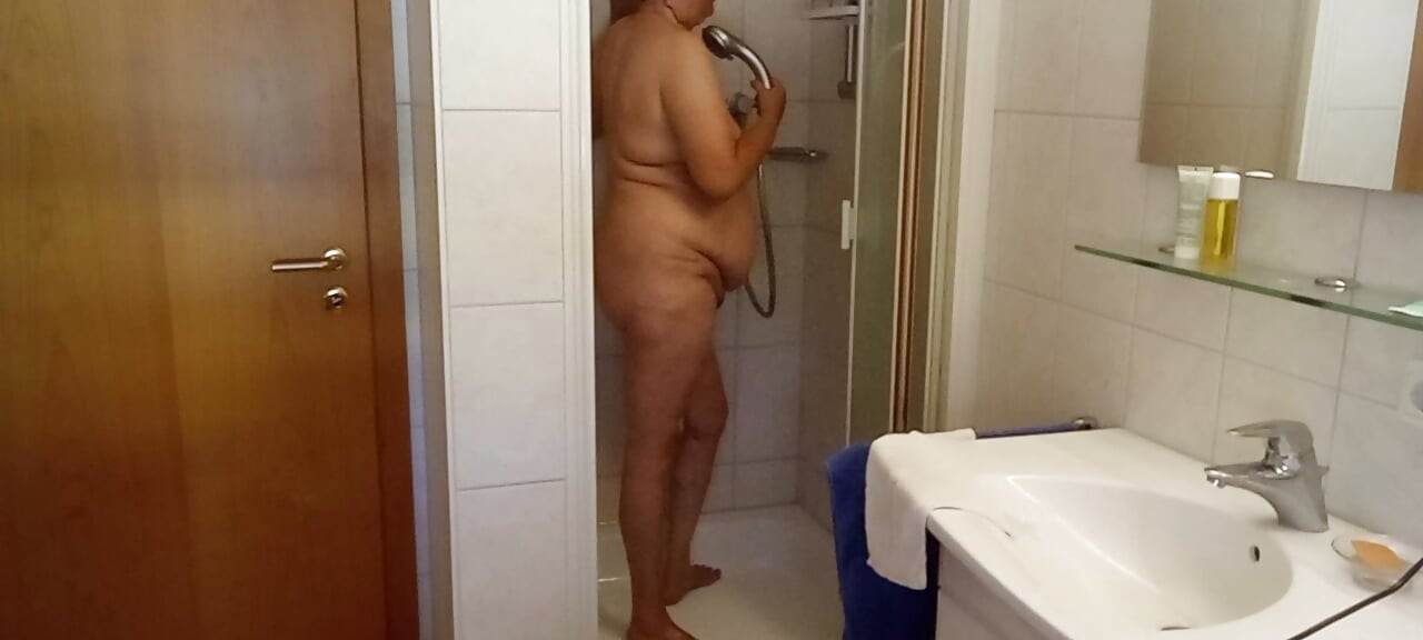 German BBW MILF 53 with natural tits & soft belly takes a shower