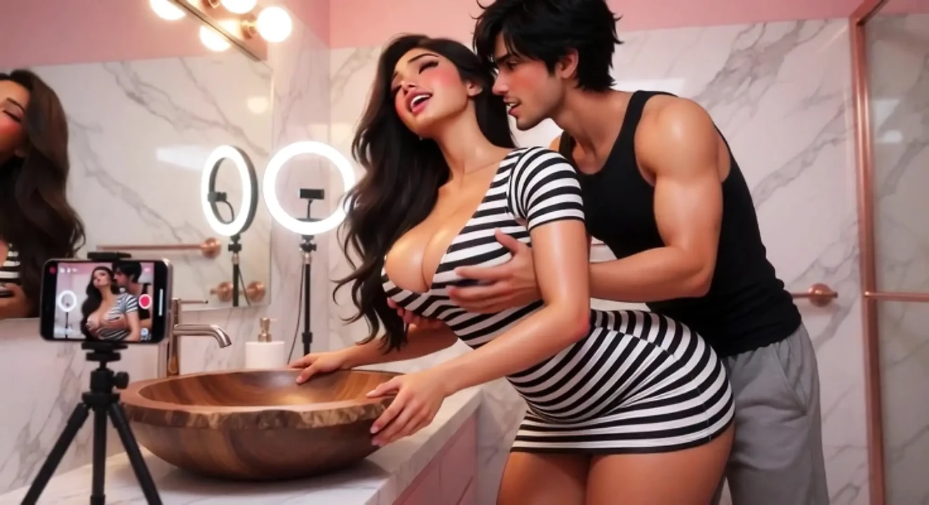 Curvy Woman And Her Male Friend Record Their First Intimate Video Together Home Alone In Bathroom (AI generated)