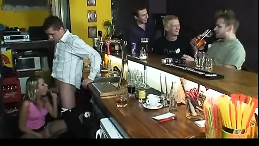 Bukkake for Young Girl Fucked in the Pub and Cumshot on the Face by Big Amateur Cocks