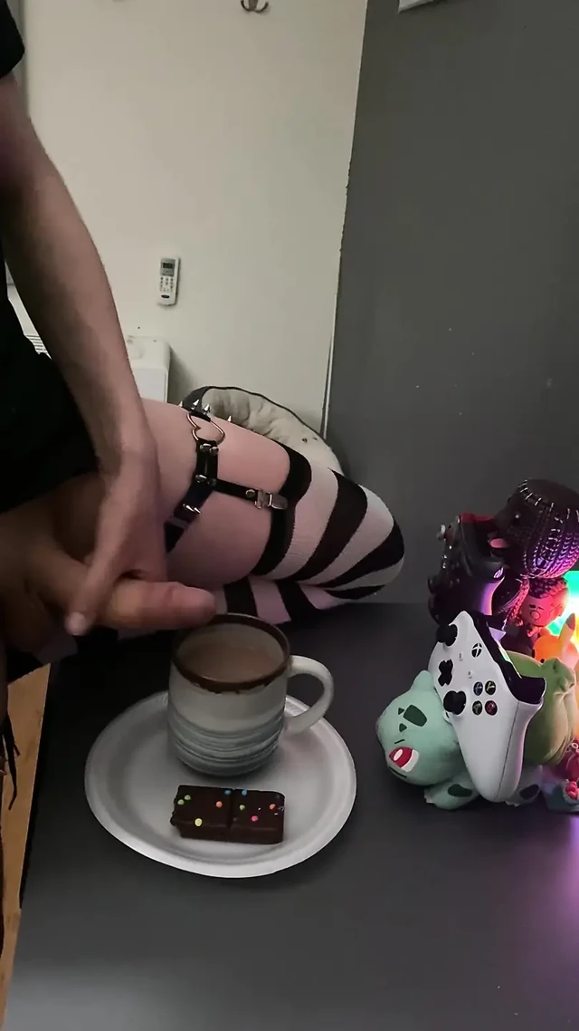 Femboy cums in his coffee and drinks it all