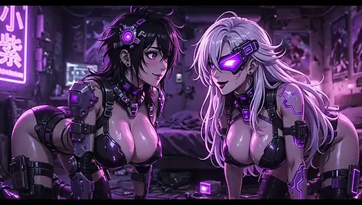 Gadis-gadis seru cyberpunk di kamar mereka, animasi ai