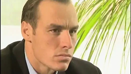 A sexy business woman is slammed by two guys in her office