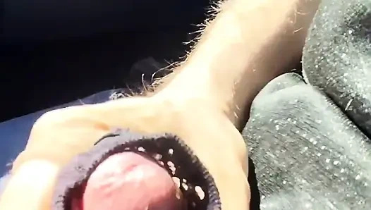 Almost caught! He jerks off in traffic in front of me, I love watching. Big cumshot! Part 1