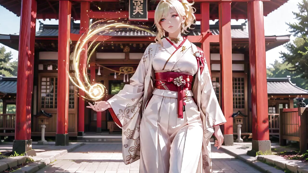 Kneeling under the Torii gate in a beige modified kimono, she touches her chest and traces her collarbon