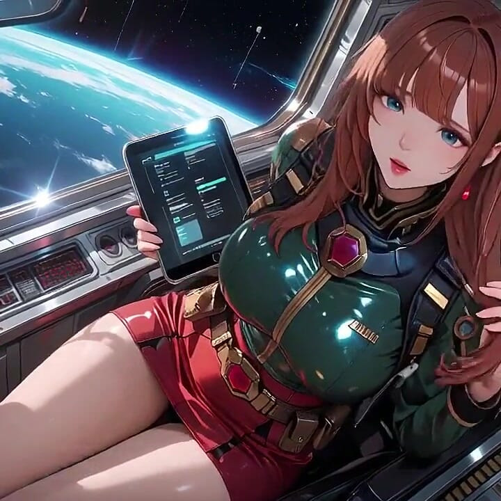 Inside the Sci-fi Train, She Wears a Tight Green Armor, Touching Her Red Lips While Gazing at the Galaxy Through the Porthole.