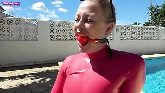 Sunbathing Gagged in Latex - Shiny Messy Drool Whore