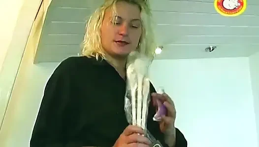 Blonde Inserts Thick Cucumber Then Rides Hard Cock