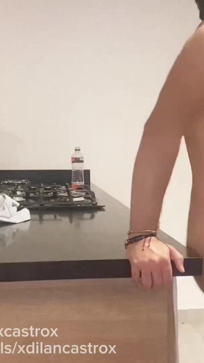 Naked twink gets fucked bareback over the kitchen by grindr hetero and cums inside her cute creampie ass | Clip 2