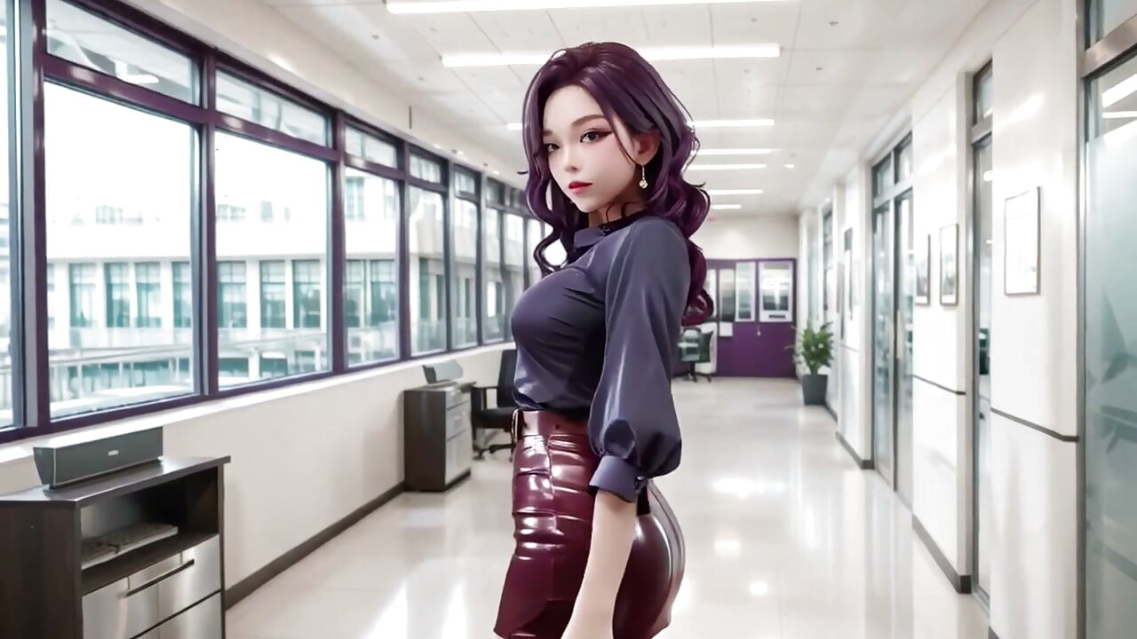 Purple-Haired Boss Office Taboo! Dark shirt, wine-red skirt, multitasking emails while teasing the lens.