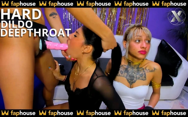 Strong Deep Throat Fucking Session with a Huge Dildo for Some Lesbian Whores