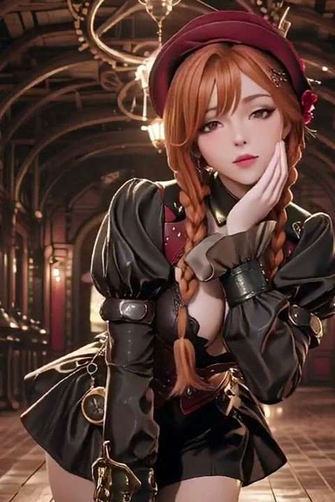 Steampunk Duchess! Red-haired Mechanical Girl Teasing in the Gear Hall.