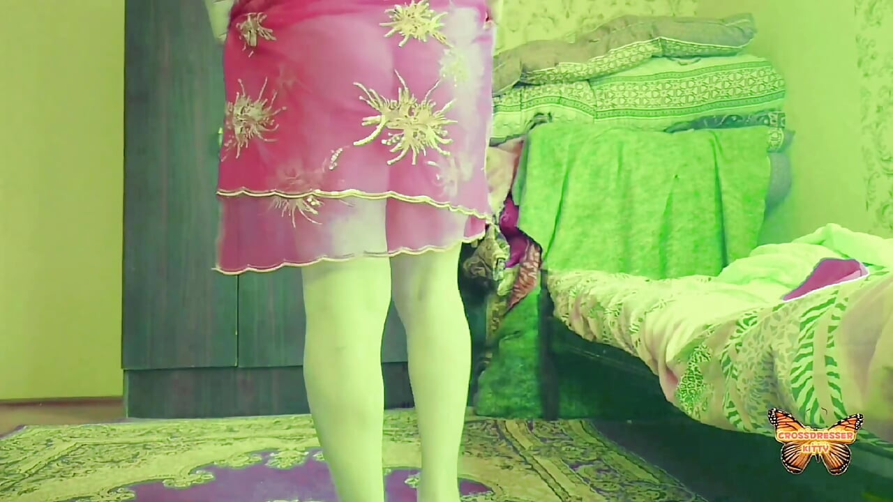 Naughty trans girl walking barefoot in white lingerie