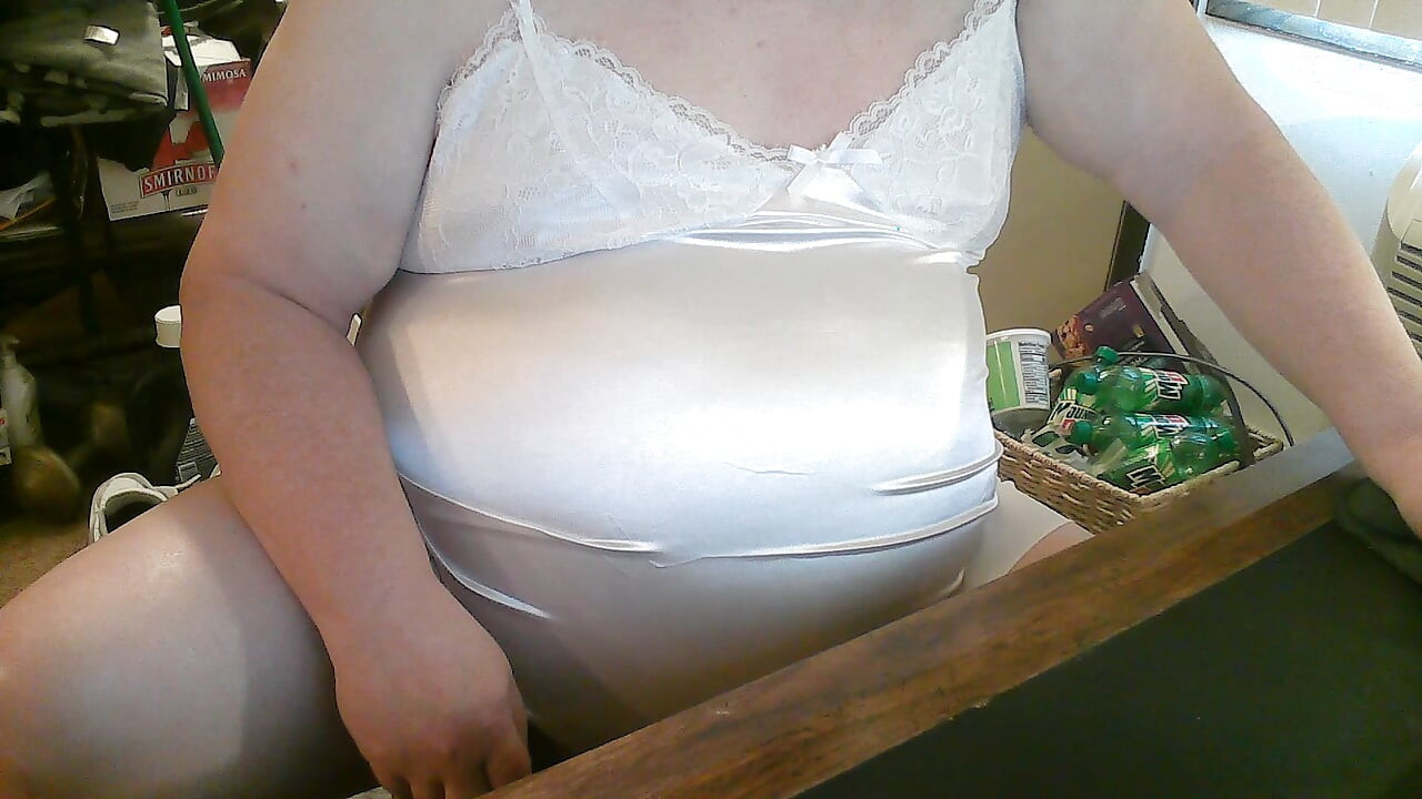 Jacking off in white nightie and black panties