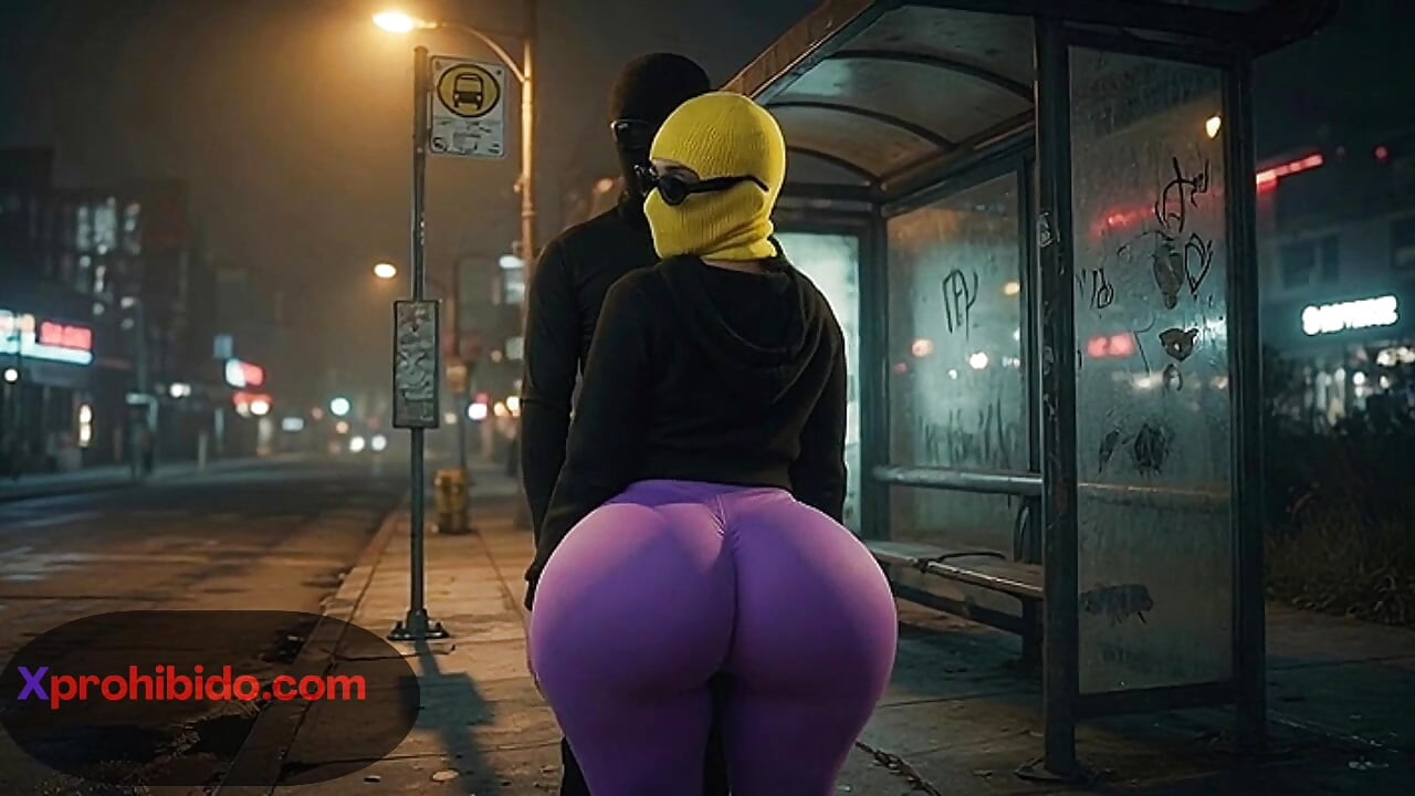 Mulher curvilínea com bunda maciça dançando no ponto de ônibus