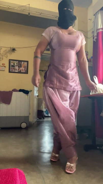 shiny silky satin suit salwar cross dresser indian bhabhi big tits | Clip 1