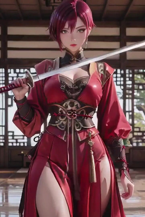 Purple-haired War Maiden in High-slit Kimono, Kneeling to Tease Your Eyes with a Fiery Gaze and a Wet, Forbidden Whisper.