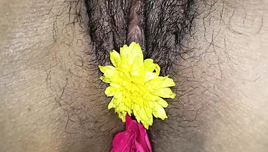 Hot romance with flowers in cute and wet pussy