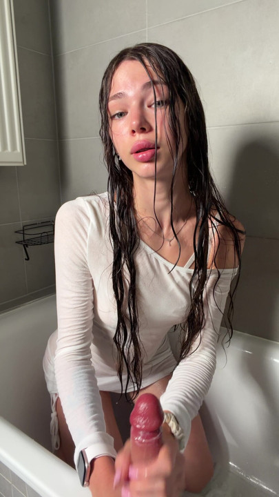 Wet skin, soft hands I stroke your cock in the shower