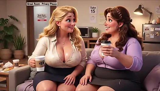 Zwei üppige stillende fantasie-kollegen entlasten sich liebevoll während der privaten büropause, gemütliches zimmer