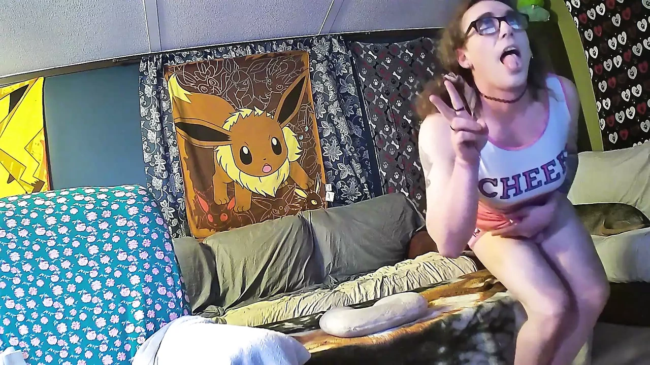 femboy cheerleader cumming in chastity cage