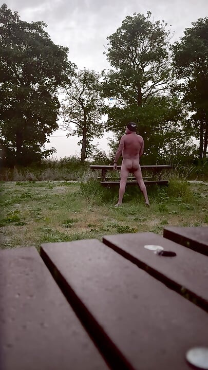 Desnudo en el parque de pie en los bancos, vehículos desnudos pasan de cerca